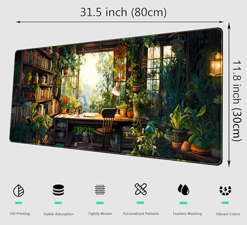 Green Kawaii Desk Mat Plant Floral Mouse Pad Cute XL Large Desk Pad Gaming Mousepad Lofi Desk Matt for Desktop, Laptop Computer Keyboard Mouse Mat for Women Office Decor Accessories 31.5x11.8 in - color: Green Plant Floral, size: 31.5" x 11.8"