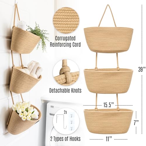 3-Tier Over the Door Hanging Basket (Set of 2) Adjustable, Detachable Woven Storage Baskets with Wall and Door Hooks - Decorative Boho Organizer for Nursery, Playroom, Bedroom, Kitchen, Apartment