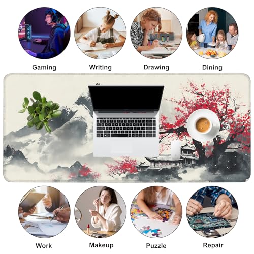 Mouse Pad, Large Anti-Slip with Stitched Edges Desk Mat Desktop Laptop Computer Desk Keyboard Mat,Table Protector Blotter Mat (Plum Blossom, 35.4" x 15.7") - color: Plum Blossom, size: 35.4" x 15.7"