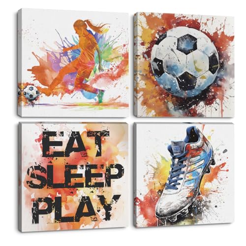 TBT 4PC Graffiti Canvas Wall Art Framed Art Soccer Shoes Room Decor Inspirational Sports Paintings Soccer Gifts Wall Decor Prints Picture for Girls Room Sports Club Bedroom Home Decor 7.9x7.9 inch - color: Multi 1073