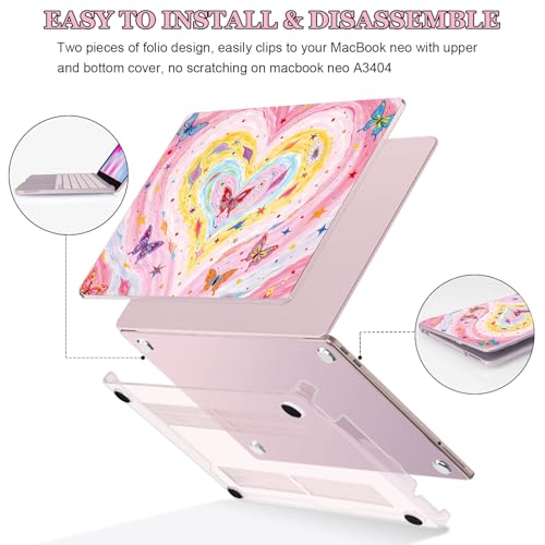 Cute Graffiti Printed Hard Shell Case for 2026 MacBook Neo 13 Inch A3404 A18 Pro, with Screen Protector, Keyboard Cover, Silicone Dust Plugs & Webcam Privacy Cover, Colorful Heart & Butterfly - color: Blush Pink Graffiti