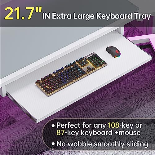 SEDETA 79" Gaming Desk, Computer Desk with 2 Fabric Drawers & LED Light, White Small Desk with Storage for Home Office, Carbon Fiber White - color: Carbon Fiber White