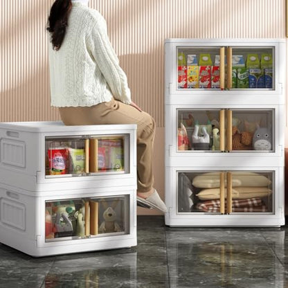 3 Storage Bins with 3 Lids, 78 Qt White Closet Organizers and Storage, 3 Packs Stackable Storage Bins with Wheels,Double Door Collapsible Storage for Home and Office,White