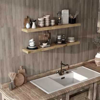 Acovy 55" Unfinished Solid Reclaimed Wood Floating Shelves, Rustic Heavy-Duty Wall Shelves, 8" Deep Floating Shelf for Living Room, Bathroom, Bedroom and Kitchen, Set of 1, Natural - color: Natural, size: 55inches-1P