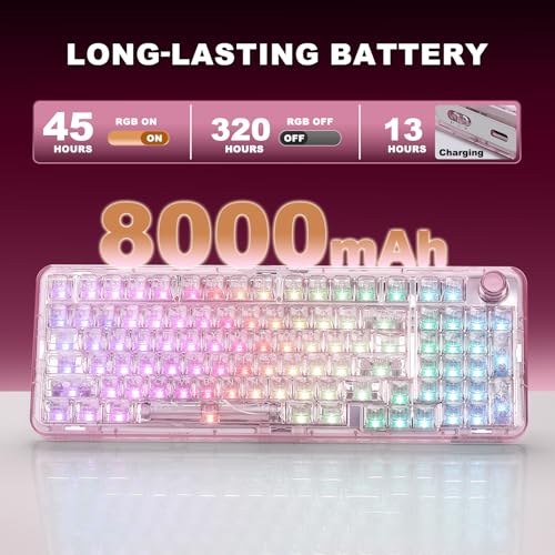 YUNZII X98 QMK/VIA Wireless Mechanical Gaming Keyboard with Knob,Tri-Mode BT5.0/USB-C/2.4GHz Hot Swappable Keyboard,Pre-lubed Switches Gasket Mount RGB Backlit for Wins/Mac (Pink, Crystal Switch) - color: Pink, size: Crystal Switch