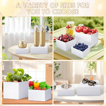 6Pcs White Acrylic Buffet Risers with 6 Mini Signs, Nesting Food Display Stands for Buffet Table with Hollow Bottoms for Parties, Weddings, Desserts, and Collectibles (8"-7"-6"-5"-4"-3")