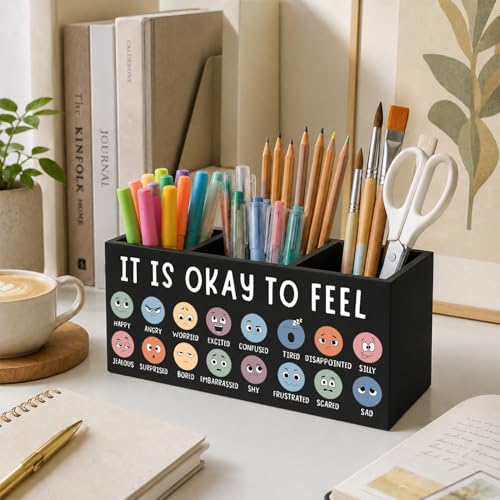 Mental Health Feelings Chart Pen Holder for Desk, Counselor Office Must Haves, Emotions Chart Wooden Box Sign Desk Organizer for Kids Room Classroom Therapy Office Calm Corner - color: Mental Health