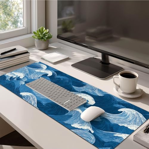 HOMETITUTE Ocean Wave Line Art XL Mouse Pad Gaming Mousepad 31.5x11.8 Inch Non-Slip Keyboard Desktop Protector Mat Diatomite Large Mouse Pad for Home and Office Desk Accessories - color: Ocean Wave Line Art