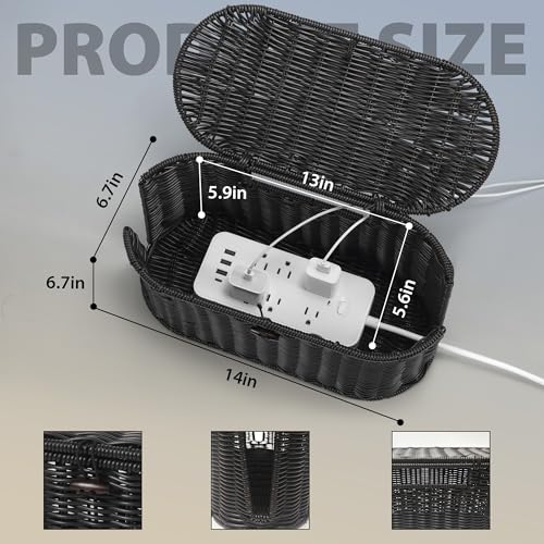 Handwoven Rattan Style Cable Management Box, Cord Organizer with Outlet Covers, Cord Hider Box for Power Strips, Cable Tidy Box for Desk, Floor and Home Organization