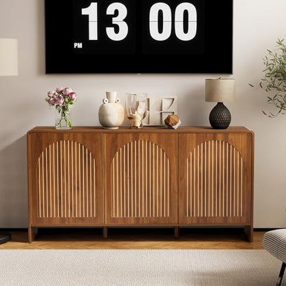 59" Long Buffet Cabinet with Storage, 3 Door Sideboard Kitchen Cabinet with Adjustable Shelf, Wood TV Stand Console Table for Living Room, Arched Accent Sorage for Coffee Bar (3 Doors - Walnut)