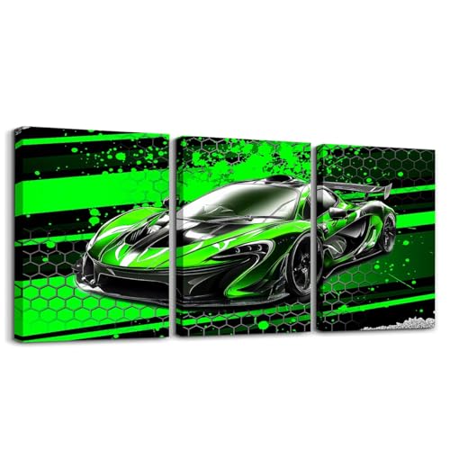 Feelyou Kids Boys Race Car Bedroom Framed Wall Art Green Extreme Sports Racing Car Pictures Decorations for Bedroom Cool Speed Sports Car Living Room Wall Art Dining Room Decor,Set of 3 12x16 Inch - color: Black and Green