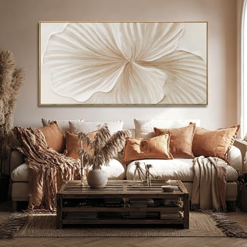 Framed White Floral Wall Art Hand Painted Textured Canvas Wall Art Modern Minimalist Abstract Flower Artwork for Living Room Bedroom Office 24x48 Inch - color: White and gold, size: 48"L x 24"W