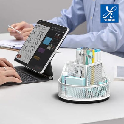 YINGHUA Metal Mesh Desk Organizer with 5 Compartments and Rotating Pencil Holder Pen and Stationery Organizer for Office Home School Anti Slip Base White - color: White