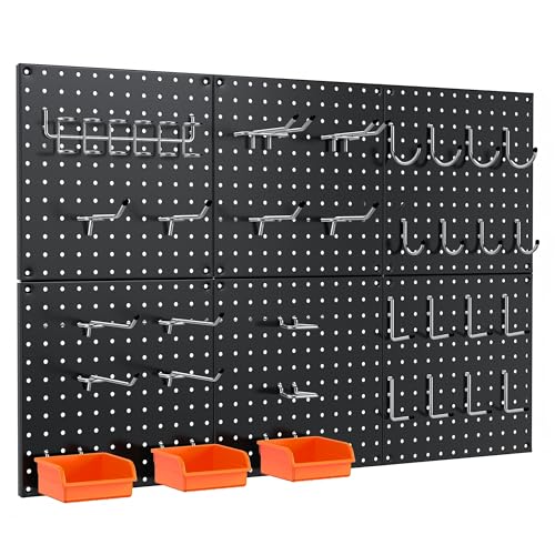 Peg Board, 70PCS Heavy Duty Metal Pegboard with Hooks, 6 Pack Black Peg Board Panels, 50lbs Load Capacity Each, Pegboard Wall Organizer for Garage, Workshop, Craft Rooms Total 24” x 36” - color: Black, size: 12“×12”-6PCS（with Hooks）