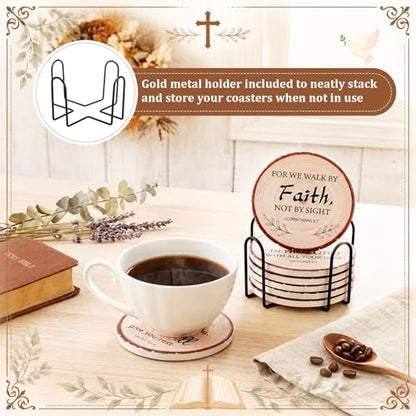 Domensi 8 Pcs Christian Coaster Set Ceramic Coaster with Bible Verse Religious Absorbent Coasters Wood Style Drink Cup Mat for Church Christian Decoration Table Protection - style: Wood