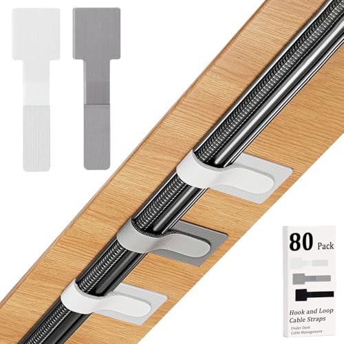 80PCS Hook and Loop Cable Straps, Cable Management Under Desk, Adhesive Cable Tie, Reusable Wire Organizer for Cords, Cord Management, Computer Accessories for Desk, Home Office Essentials, White+Gray - color: White + Gray