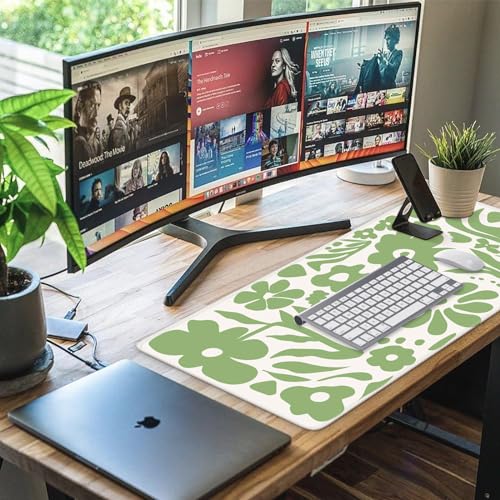 iCasso Desk Mat, XXL Large Anti-Slip Mouse Pad with Stitched Edges, Keyboard Mat for Work, Gaming (Green Flowers) - color: Green Flowers