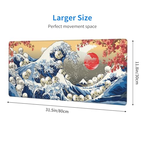 Japanese Waves Skull Mouse Pad Extended Large Gaming Mouse Pad XL Stitched Edges for Gamer Home Office 31.5 X 11.8 Inch - color: Waves Skull