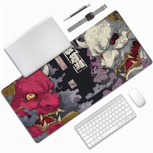 Gaming Mouse Pad, XXL Non-Slip Rubber Base, Waterproof with Stitched Edges, Japanese Demon Mask Design, 35.4 x 15.7 inches - color: Japanese Demon Mask