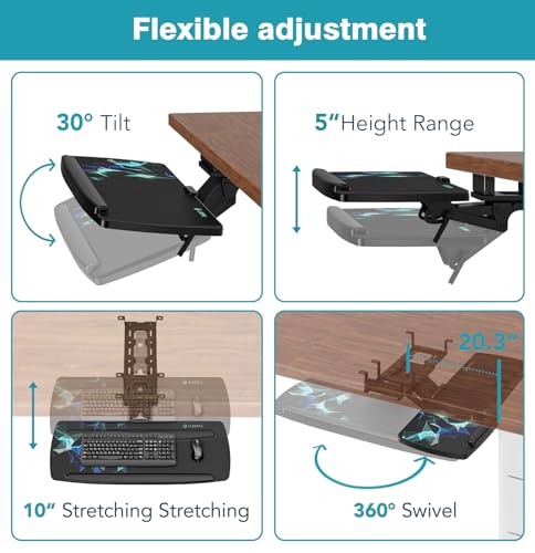 Keyboard Tray Under Desk with Storage Drawer, Height Adjustable Keyboard Tray Slide Out 360° Swivel Tilt, Ergonomic Under Desk Mount Keyboard & Mouse Pad Lighting for Gaming Home Office