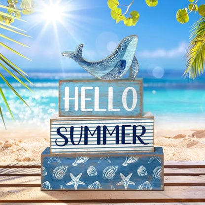 Britimes 4 Pcs Summer Wooden Tiered Tray Decor Set, Ocean Whale Table Decor Rustic Farmhouse Coastal Wood Coffee Table Centerpieces for Home Kitchen Office Decorations (Sea Style) - style: Sea
