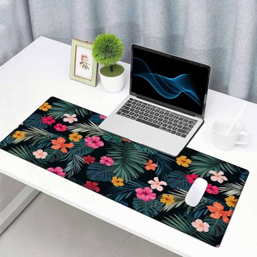 Gaming Mouse Pad, Large Mouse Pads for Desk, Non-Slip Rubber Base Mousepad, Keyboard Mouse Mat, Desk Pad with Stitched Edges, 31.5x15.7 inch Hibiscus Flowers and Palm Leaves - color: Hibiscus Flowers and Palm Leaves, size: 31.5L x 15.7W inches