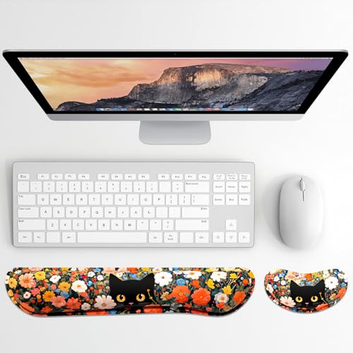 Dapesuom Enlarge Keyboard Wrist Rest, Memory Foam Wrist Cushion for Desk Mats Support, Typing Pain Relief Keyboard Mouse Pad Rests Set with Non-Slip Base for Gaming Laptop Computer, Cat Flower Bush - color: Anime Cat Flower Bush