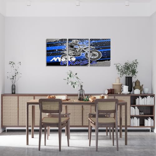 Feelyou Kids Boys Dirt Bike Bedroom Framed Wall Art Blue Extreme Sports Theme Motorcycle Pictures Decorations for Bedroom Racing Motocross Rider Living Room Wall Art Dining Room Decor,Set of 3 - color: Black and Deep Blue