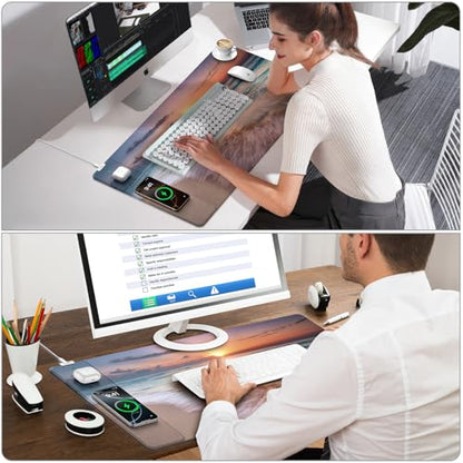 Wireless Charging Mouse Pad, 31.5"x15.8" Large Gaming Desk Mat for Keyboard/Laptop, Waterproof Ultra-Smooth Surface, Non-Slip Base, with 20W PD Adapter, Beach Sunset - color: Sunset Beach-31.5"x15.8"(with Wall Charger)