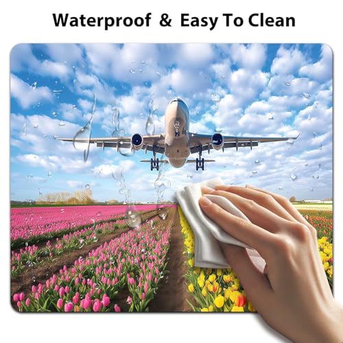 Airplane Flying Over Garden Mouse Pad, Spring Tulip Field Nature Desk Mat | Flowers Scenery Landscape, Anti-Slip Rubber Base, Silky Smooth Surface, Cute Office/Gaming Mousepad - color: Color_CNa