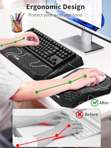 3-in-1 Ergonomic Keyboard Stand with Wrist Rest & Mouse Pad Set, Comfy Keyboard Riser Holder Soft Mousepad with Massage Design, Memory Foam and Non-Slip PU Base for Pain Relief, Topographic - color: Black Topographic