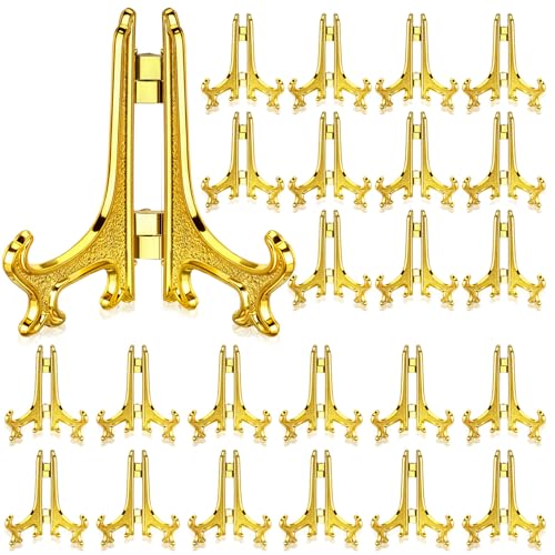 Patelai 48 Pcs Mini Easel Stands 4 Inch Plastic Plate Stand Holder Display Picture Easel for Display Picture Frame Collectibles Desktop Weddings Party Home Decoration (Gold) - color: Gold, size: 4 Inch