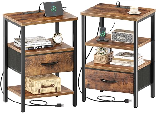 SUPERJARE Nightstand Set of 2, Bed Side Tables with Charging Station, Adjustable Fabric Drawer, Night Stand for Bedroom, 3-Tier Storage End Tables, for Living Room, Rustic Brown - color: Rustic Brown, size: M-2 (11.8"D x 15.7"W x 23.4"H)