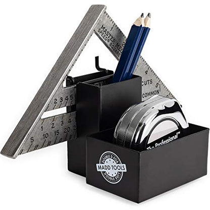 Tape Measure Holder for Pegboard - Includes Pencil Box and Carpenter Square Triangle Holder – Black Pegboard Organizer Accessories with Heavy Duty Peg Board Hooks - 16 Gauge Steel