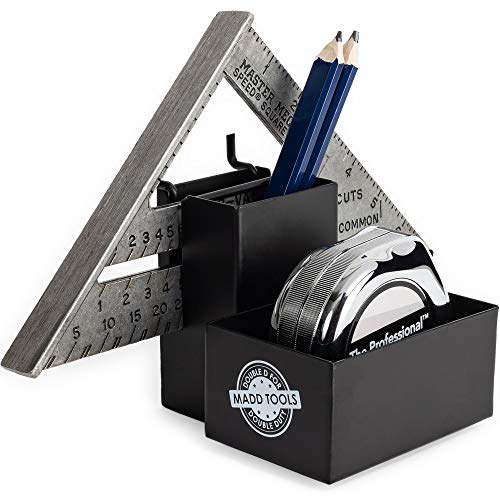 Tape Measure Holder for Pegboard - Includes Pencil Box and Carpenter Square Triangle Holder – Black Pegboard Organizer Accessories with Heavy Duty Peg Board Hooks - 16 Gauge Steel
