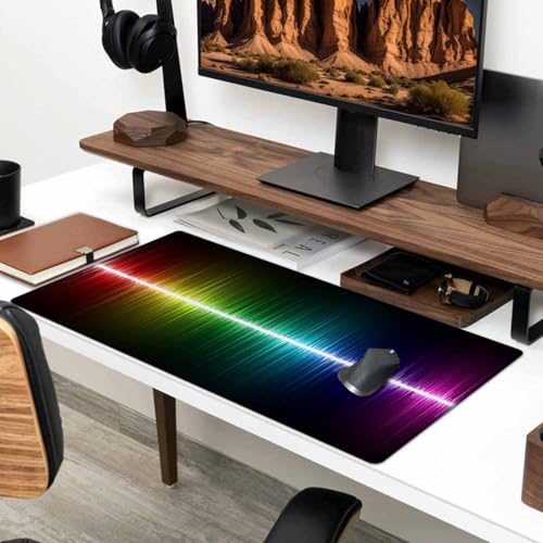 Large Extended Gaming Mouse Pad with Stitched Edges, Non-Slip Rubber Base Mouse Pad for Office, Computer, Keyboard, Laptop and Home Desk Pad 31.5X11.8 Inch Rainbow Audio Wave - color: Rainbow Audio Wave, size: 31.5L x 11.8W inches