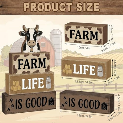 4 Pcs Farm Life Kitchen Table Decor for Home Black and White Cow Stacked Wood Sign Farmhouse Cow Country Tiered Tray Decor Farm Rustic Dairy Kitchen Decorations for Shelf Mantel Table - style: Black and White Cow