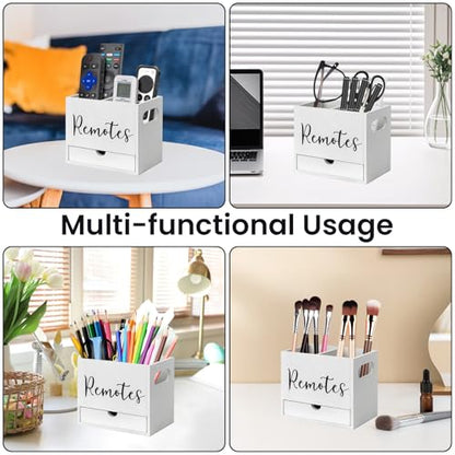 Remote Control Holder, 2 Slot Wooden TV Remote Holder for Table, Remote Box Desk Organizer with Drawers for Home Nightstand Office Supplies (White) - color: White