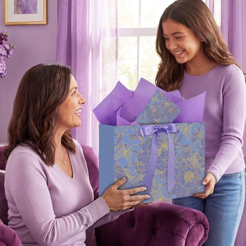 woric 2 Pcs Purple Gift Bag with Handle, 13.7" Birthday Gift Bags for Women | Floral Designs, Ribbon Handle, 4 Tissue Paper & 2 Greeting Cards, Women Birthday, Anniversary, Wedding Bridal Showers - color: Purple