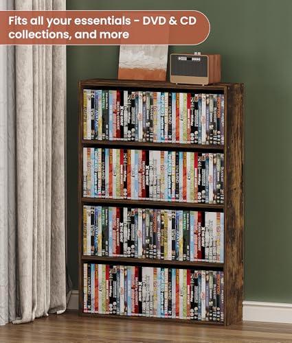 4 Tier DVD Storage Shelf, Media Storage Tower for CDs & Video Games, Freestanding Organizer Shelf for Living Room Home Office, Holds 160+ DVDs(Amber Pine)