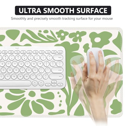 iCasso Desk Mat, XXL Large Anti-Slip Mouse Pad with Stitched Edges, Keyboard Mat for Work, Gaming (Green Flowers) - color: Green Flowers