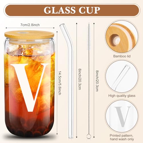 Aliceset Initial Gifts for Women Monogram Canvas Tote Bag and Makeup with Zipper and Initial Glass Coffee Cup Gifts for Her - style: Letter V