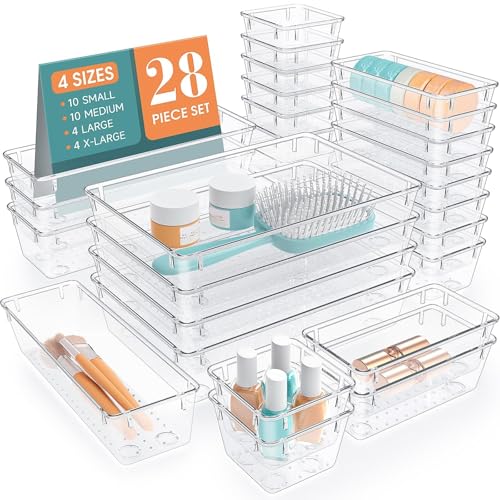 StorMiracle 28 PCS Clear Plastic Drawer Organizers Set, 4 Size Desk Drawer Organizer Trays for Makeup, Jewelry, Kitchen Utensils, Gadgets and Office Accessories - color: Clear, size: 28 PCS