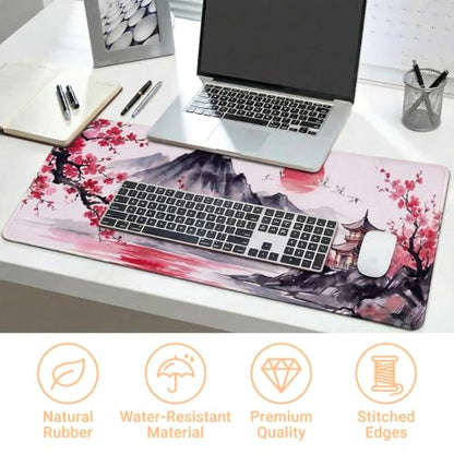 Gaming Mouse Pad, 35.4 x 15.7 Inch Extended Large Desk Mat, Waterproof Keyboard Mousepad with Non-Slip Rubber Base and Stitched Edges, Big Desk Pad for Computer Office Home (Ink Painting)