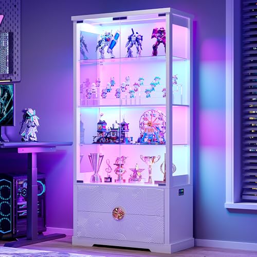 TAGELIER 4-Tier 67" Tall RGB Display Cabinet with Glass Doors and 2 Drawers | Sturdy Curio Cabinet with Adjustable Shelves, Smart Motion Sensor RGB Lights for Living Room, Display Case for Collectibles - color: 97129-white