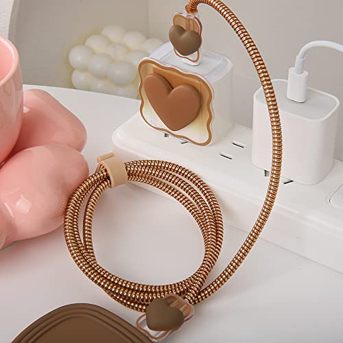 Compatible with iPhone 18W/20W USB-C Charger Cover Lovely 3D Love Heart Waves Clear Soft Charger Protector Cute Cable Saver for iPhone 11 12 13 14 Pro Max Fast Power Adapter, Brown 1 (5in1) - color: Brown 1 (5 in 1)