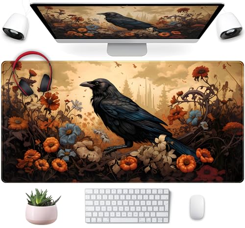 Anime Crow Kawaii Desk Mat Cute Retro Floral Mouse Pad Gaming Desk Pad XXL Large Desk Matt for Desktop Computer Mousepad, Laptop Keyboard Mouse Mat Office Decor Accessories for Women, 31.5x15.75 in - color: Dark Yellow Anime Crow