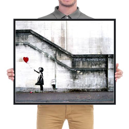 Wieco Art Framed Canvas Wall Art Giclee Canvas Prints of Banksy Grafitti Girl with Red Balloon Abstract Artwork for Wall Decor Home Decorations Black Frame - size: 24"L x 20"W