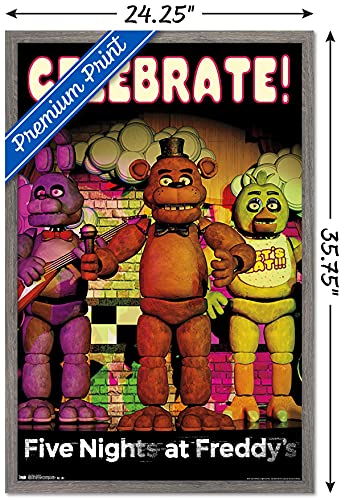 Trends International Five Nights at Freddy's - Celebrate Wall Poster, 22.375" x 34", Barnwood Framed Version - color: Barnwood Framed Version, size: 35.8"L x 24.3"W