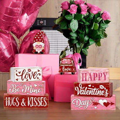 8Pcs Valentine's Day Table Decor Set, Rustic Wooden Love Hugs & Kisses and Happy Valentine's Day Tiered Tray Decorations, Farmhouse Wooden Stack Block Signs with Hearts Gnome for Home Kitchen Office - style: Pink Gnome Valentine's Day